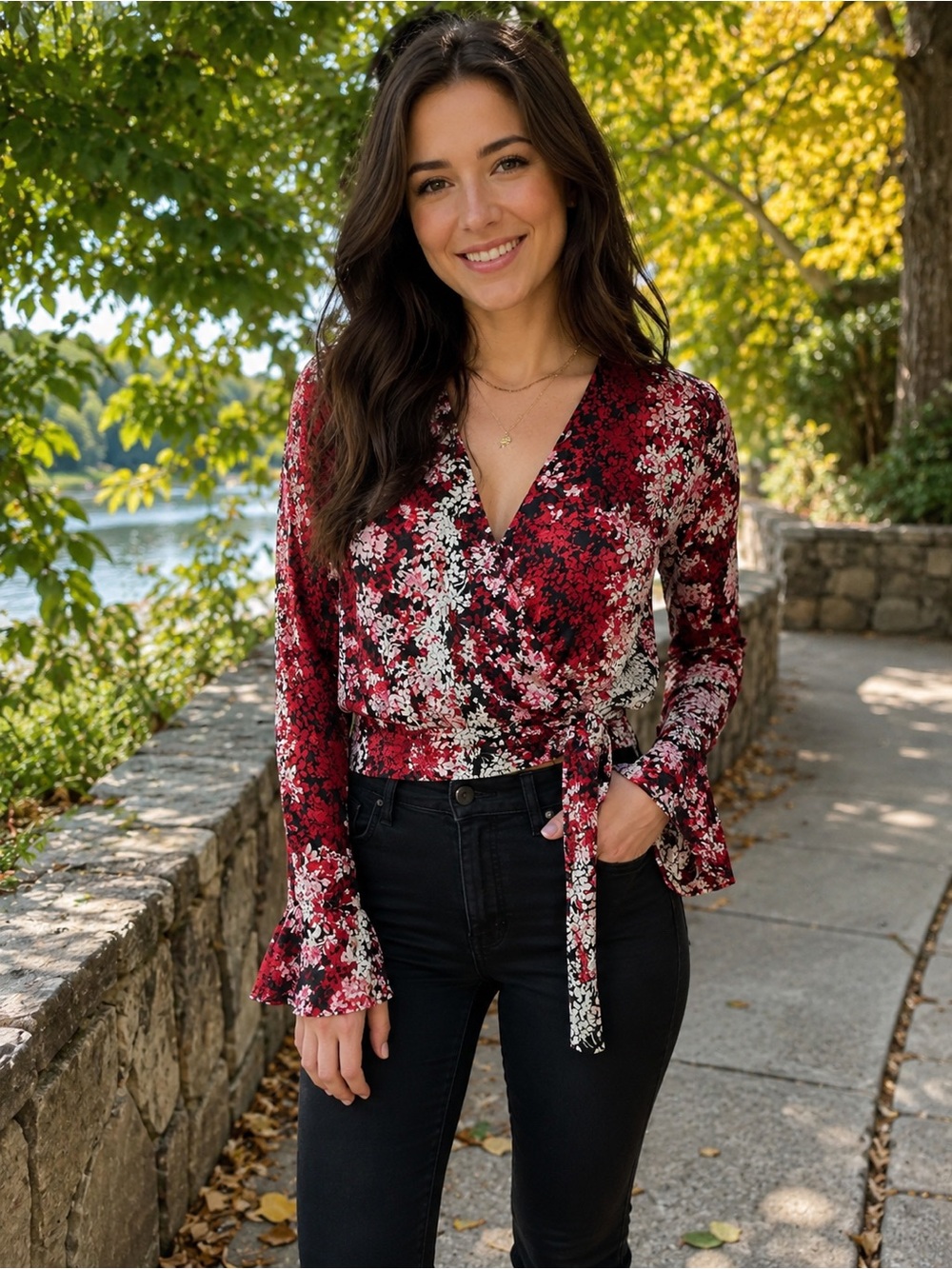 Lulus Red Pink Black Floral Wrap Tie Blouse Bell Sleeve Top Size Small